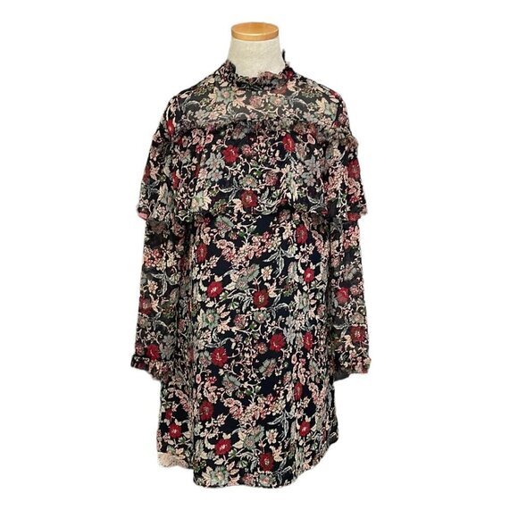 Zara Basic Collection Long Sleeve Dress Fringe Floral Red Black Size Small S - Picture 1 of 17